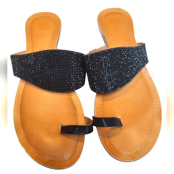 G.C. SHOES Sandals Black Wide‎ Cuff Sparkly Toe Loop sz 10 - Picture 3 of 7